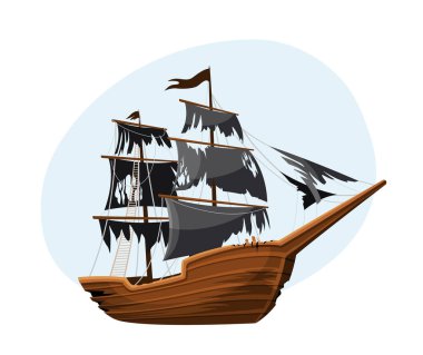 Eski korsan gemisi çıkartması. Siyah bayrağı yırtılmış bir deniz gemisi. Denizde ya da okyanusta macera ve suçlu. Poster ya da afiş. Çizgi film düz vektör çizimi beyaz arkaplanda izole edildi