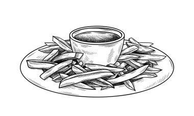 Patates krokisi. Minimalist yaratıcılık ve sanat. Patates kızartması ve kase. Kafe ya da restoran. Web sitesi için grafik ögesi. Beyaz arkaplanda izole edilmiş doğrusal düz vektör çizimi