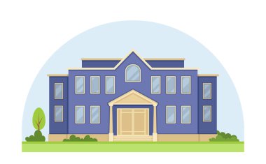 Şehirdeki okul binası. Mavi ev ya da çalılı ev. Eğitim, öğrenme ve eğitim. Sosyal ağlar için etiket. Çizgi film düz vektör çizimi beyaz arkaplanda izole edildi