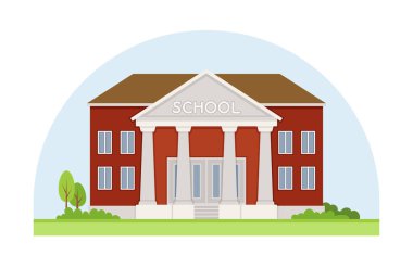 Şehirdeki okul binası. Kırmızı ev ya da çalılı ev. Eğitim, öğrenme ve eğitim. Web sitesi afişi ya da afişi. Çizgi film düz vektör çizimi beyaz arkaplanda izole edildi