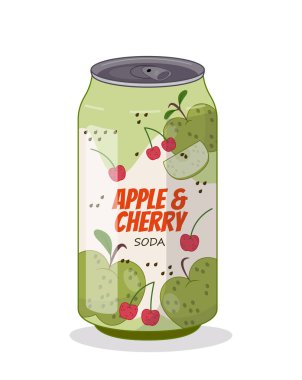 Alüminyum kutuda meyveli soda. Çelik pakette elma ve kiraz. Soğuk ve taze meyve suyu. Sosyal ağlar ve kuryeler için etiket. Çizgi film düz vektör çizimi beyaz arkaplanda izole edildi