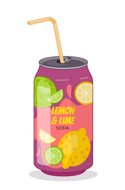 Alüminyum kutuda meyveli soda. Limon ve limon çelik pakette. Soğuk ve taze narenciye suyu. Sosyal ağlar için etiket. Çizgi film düz vektör çizimi beyaz arkaplanda izole edildi