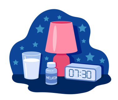 Uyumak için bir takım eşyalar. Dinlen ve rahatla, iyileş. Yatak odasında konfor ve konfor. Melatoninli haplar, bir bardak su. Çizgi film düz vektör koleksiyonu beyaz arkaplanda izole edildi