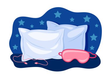 Uyumak için bir takım eşyalar. Dinlen ve rahatla, iyileş. Yatak odasında konfor ve konfor. Yastıkların ve kulaklıkların yanında pembe uyku maskesi. Çizgi film düz vektör koleksiyonu beyaz arkaplanda izole edildi