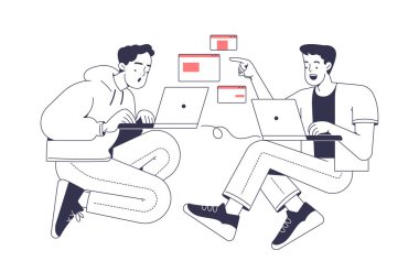 Sistem yöneticisi ya da mühendis hattı. Laproplu iki adam programda çalışıyor. Kodlama, uygulama ve yazılım geliştirme. Beyaz arkaplanda izole edilmiş doğrusal düz vektör çizimi