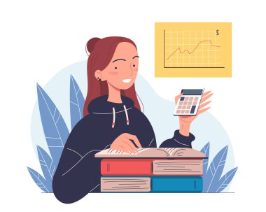 Finansal okuryazarlık kavramı. Hesap makinesi ve grafiği olan kadın. Ticaret ve yatırım, ekonomi. Tasarruf ve bütçe. Poster ya da afiş. Çizgi film düz vektör çizimi beyaz arkaplanda izole edildi