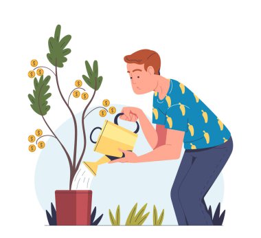 Finansal okuryazarlık kavramı. Adam para ağacını suluyor. Ticaret ve yatırım, ekonomi. Tasarruf ve bütçe. Sosyal medya etiketi. Çizgi film düz vektör çizimi beyaz arkaplanda izole edildi