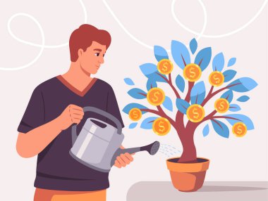 Ağaç yatırım konsepti. Sulama kabı olan adam ağacın yanında, parası ve altın paraları olan adam. Pasif gelir ve finansal okur-yazarlık. Web sitesi için grafik ögesi. Çizgi film düz vektör çizimi