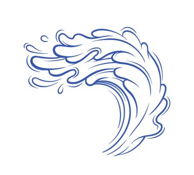 Su, mavi minimalist bir taslak çizer. Damlalar ve buharla el salla. Deniz ve okyanus. Aqua ve H2O sıvı. Şablon ve düzen. Beyaz arkaplanda izole edilmiş doğrusal düz vektör çizimi