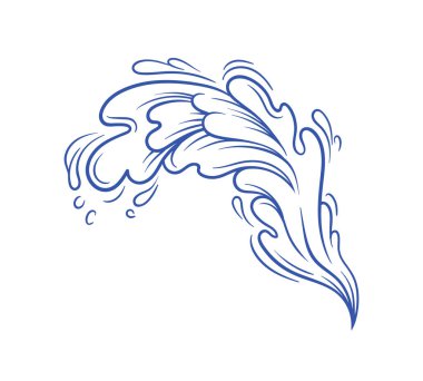 Su, mavi minimalist bir taslak çizer. Damlalar ve buharla el salla. Deniz ve okyanus, nehir. Aqua ve H2O sıvı. Sosyal medya etiketi. Beyaz arkaplanda izole edilmiş doğrusal düz vektör çizimi