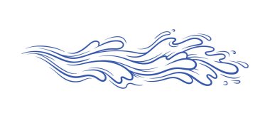 Su, mavi minimalist bir taslak çizer. Damlalar ve buharla el salla. Okyanus ve nehir, göl. Aqua ve H2O. Sosyal medya etiketi. Beyaz arkaplanda izole edilmiş doğrusal düz vektör çizimi