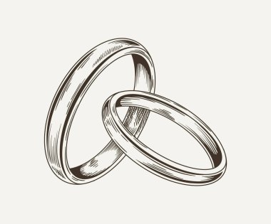 Nikah yüzüğü minimalist çizimi. Evlilik töreni için mücevher ve aksesuar. Yaratıcılık ve sanat. Web sitesi için grafik ögesi. Bej arkaplanda izole edilmiş doğrusal düz vektör çizimi