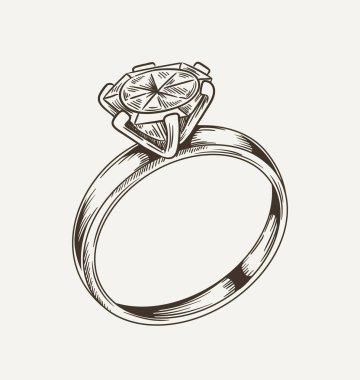 Nikah yüzüğü minimalist çizimi. Evlilik töreni için mücevher ve aksesuar. Elmaslı yüzük. Web sitesi için grafik ögesi. Bej arkaplanda izole edilmiş doğrusal düz vektör çizimi