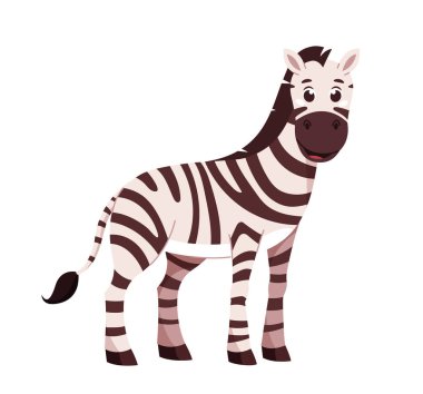 Zebra karakteri konsepti. Siyah beyaz çizgili bir hayvan. Afrika savanı ve faunası. Biyoloji ve zooloji. Şablon ve düzen. Çizgi film düz vektör çizimi beyaz arkaplanda izole edildi