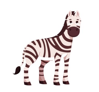 Zebra karakteri konsepti. Siyah beyaz çizgili bir hayvan. Afrika savanı ve faunası. Hayvanat bahçesindeki memeliler. Sosyal medya etiketi. Çizgi film düz vektör çizimi beyaz arkaplanda izole edildi