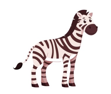 Zebra karakteri konsepti. Siyah beyaz çizgili bir hayvan. Afrika savanı ve faunası. Vahşi memeli. Web sitesi için grafik ögesi. Çizgi film düz vektör çizimi beyaz arkaplanda izole edildi