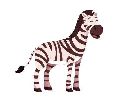 Zebra karakteri konsepti. Siyah beyaz çizgili bir hayvan. Afrika savanı ve faunası. Tropikal ve egzotik memeliler. Şablon ve düzen. Çizgi film düz vektör çizimi beyaz arkaplanda izole edildi