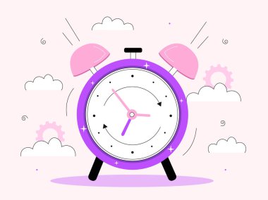 Alarm hattı konsepti. Rüya, dinlenme, rahatlama ve iyileşme, uyanma. Zaman yönetimi, planlama, planlama. Web sitesi için grafik ögesi. Doğrusal düz vektör çizimi