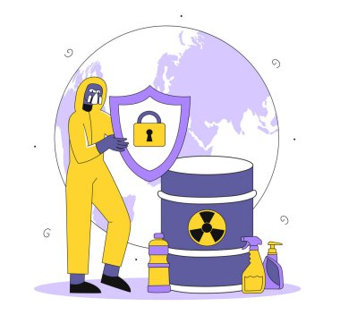 Disposal hazardous waste concept. Character in protective yellow uniform with barrels with toxic emissions. Care about nature and planet. Ecological system. Linear flat vector illustration clipart