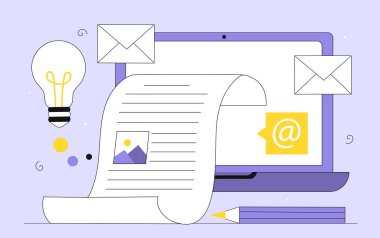 Bilgisayar konseptinde elektronik belge. Dijital anlaşma ve anlaşma, iletişim. Modern teknolojiler ve yenilikler. Mor arkaplanda izole edilmiş doğrusal düz vektör çizimi