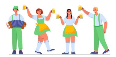 Alman kıyafetleri giymiş insanlar. Bira bardaklı kadın ve erkek. Alkollü içkileri olan kızlar ve erkekler. Oktoberfest ve geleneksel tatil. Çizgi film düz vektör koleksiyonu beyaz arkaplanda izole edildi