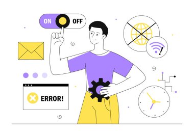 İnternet bağlantısı kavramı olan bir adam. Wi-Fi ve kablosuz iletişimi olan genç bir adam. Modern teknolojiler ve yenilikler. 4G ve 5G. Bağlantı hatalarını düzelt. Doğrusal düz vektör çizimi