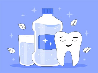 Gargara konseptine ayarlı. Tedavi için sıvı dişler. Sağlık ve ilaç. Diş hekimliği ve stomatoloji. Poster ya da afiş. Çizgi film düz vektör koleksiyonu mavi arkaplanda izole edildi