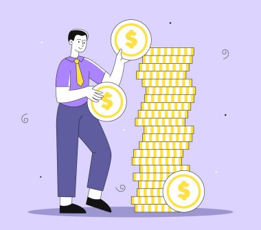 Bozuk para hattı konsepti olan bir adam. Parası ve parası olan genç bir adam. Para ve finansal okuryazarlık. Zenginlik ve zenginlik. Mor arkaplanda izole edilmiş doğrusal düz vektör çizimi