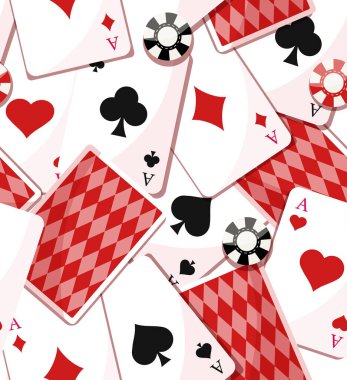 İskambil kağıtları pürüzsüz oynuyor. Kumaş üzerine baskı yapmak için tasarım ögesi tekrarlanıyor. Poker ve kumar için çanta hazırla. Aslı çipler. Haçlar, elmaslar, kalpler ve maça. Çizgi film düz vektör çizimi