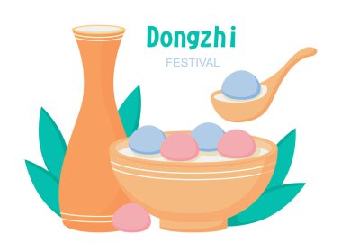 Dongzhi festival afişi. Web sitesi için kapak ya da afiş. Ahşap tabakta renkli yumurtalar. Geleneksel Çin kış tatili. Çizgi film düz vektör çizimi beyaz arkaplanda izole edildi