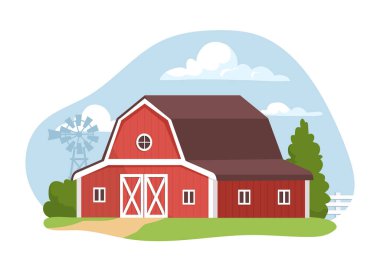 Kırmızı çiftlik binası. Çiftçilik ve tarım. Kırsal köy ve manzara. Güneşli bir günde ev ya da ahır. Web sitesi için grafik ögesi. Çizgi film düz vektör çizimi beyaz arkaplanda izole edildi
