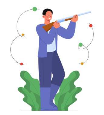 Silah konsepti olan avcı. Çalılıklarda tüfekli bir adam. Tabancalı genç adam. Açık havada tüfekli bir nişancı, güçlü bir silahşör. Çizgi film düz vektör çizimi beyaz arkaplanda izole edildi