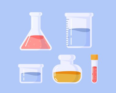 Laboratuvar kimyasal tüpleri hazır. Laboratuvar, kimyasal deneyler ve testler. Kırmızı ve sarı sıvılar, mataralarda reaksiyonlar. Sosyal medya etiketleri. Çizgi film düz vektör koleksiyonu mavi arkaplanda izole edildi