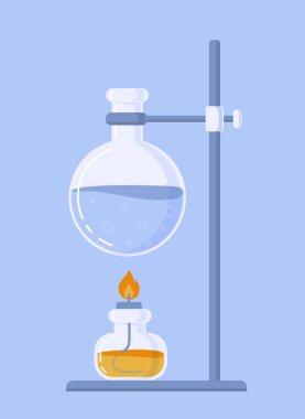 Laboratuvar kimyasal tüpleri hazır. Laboratuvar, kimyasal deneyler ve testler. Ateş altında sıvı bulunan matara. Reaksiyonun termal testi. Çizgi film düz vektör koleksiyonu mavi arkaplanda izole edildi