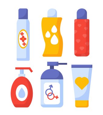 Kayganlaştırıcılar. Cinsel eğitim. Konteynırlardaki sıvılar. Mastürbasyon için kadın vajinal damlalar. Doğum kontrol ve kontrol. Çizgi film düz vektör koleksiyonu beyaz arkaplanda izole edildi