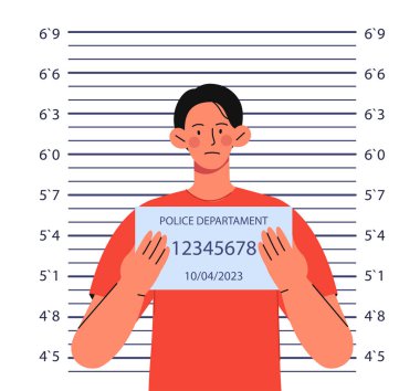 Suç konsepti fotoğrafı. Adam sabıka fotoğrafı çekiyor. Karakolda ve şubede suç işlenmiş. Ülke kanunlarının korunması. Çizgi film düz vektör çizimi beyaz arkaplanda izole edildi