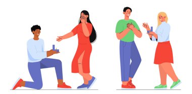 Düğün teklifi ayarlandı. Romantik sahnelerdeki kadın ve erkek. Aşk ve romantizm. Gelin ve damat, müstakbel karı koca. Çift ve çift. Çizgi film düz vektör koleksiyonu beyaz arkaplanda izole edildi