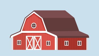 Çiftlik inşaatı konsepti. Kırmızı ahır ya da ev. Çiftçilik ve tarım. Kırsal köy ve kırsal bölge. Web sitesi için grafik ögesi. Yapıştırıcı arka planında izole edilmiş çizgi film düz vektör çizimi