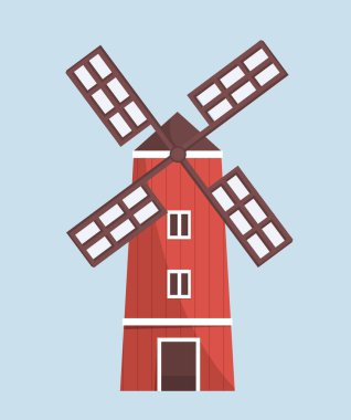 Çiftlik inşaatı konsepti. Kırmızı rüzgar değirmeni. Çiftçilik ve tarım. Köy ve kırsal kesimde. Temiz elektrik ve güç. Yapıştırıcı arka planında izole edilmiş çizgi film düz vektör çizimi