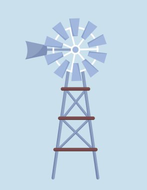 Çiftlik inşaatı konsepti. Modern rüzgar değirmeni. Çiftçilik ve tarım. Sürdürülebilir yaşam tarzı. Temiz elektrik ve güç. Yapıştırıcı arka planında izole edilmiş çizgi film düz vektör çizimi