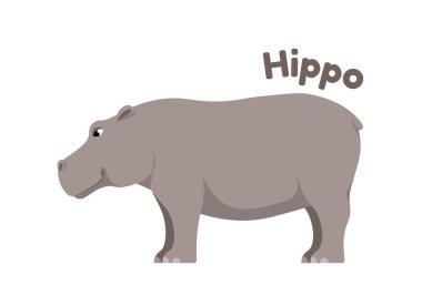 Vahşi Afrika hayvanı. Savannah 'da yaşayan büyük gri su aygırlarının yan görüntüsü. Ormanda ya da safaride yetişen otçul memelilerle dolu bir etiket. Çizgi film düz vektör çizimi beyaz arkaplanda izole edildi