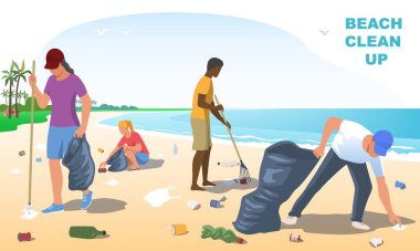 Plaj temizliği. Bir grup kadın ve erkek çöp torbası sahil şeridinde çöp topluyor. İnsanlar doğayı ve çevreyi önemser. Çevre aktivistleri kıyıları temizliyor. Çizgi film düz vektör çizimi
