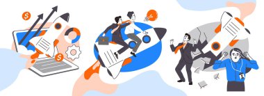 Bir grup insan işe başlıyor. Erkek ve kadın girişimciler roketle yukarı doğru uçuyor. Başarılı iş geliştirme, yatırım ve motivasyon. Çizgi film düz vektör koleksiyonu arkaplanda izole edildi