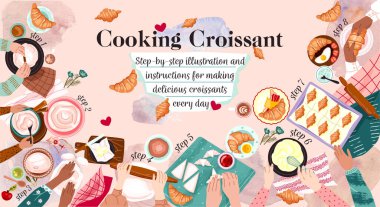 Kruvasan pişirme işlemi üst görünüm. Lezzetli hamur işleri hazırlamak için adım adım çizilmiş talimatlar. Aşçılık okulu. İnsanlar hamur yoğurup yemek pişiriyor. Çizgi film düz vektör çizimi