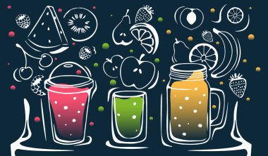 Farklı bardaklarda meyve püresi. Fincanlarda portakal, muz ve elma suyu olan renkli bir poster. Sağlıklı beslenme ve detoks için yiyecek. Menü için tasarım ögesi. El çizimi karalama vektörü çizimi