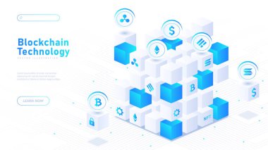 Blockchain teknolojisi beyaz poster. Kripto, bitcoin ve litekoin. Ekonomi, ticaret ve yatırım. Finansal okuryazarlık. Karikatür izometrik vektör çizimi beyaz arkaplanda izole edildi