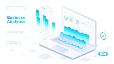 İş analitiği beyaz posteri. Finansal okuryazarlık ve meslek. Grafikleri ve diyagramları olan bir laptop. İniş sayfası tasarımı. Karikatür izometrik vektör çizimi beyaz arkaplanda izole edildi