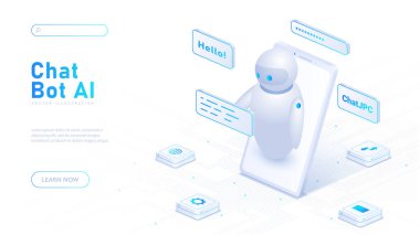 Sohbet robotu Al White posteri. Yapay Zeka ve Makine Öğrenme. Akıllı telefondan haberci. İniş sayfası tasarımı. Karikatür izometrik vektör çizimi beyaz arkaplanda izole edildi