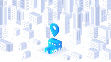 Uzak çalışma beyaz posteri. Çevrimiçi kazanç, terfi işçisi ve serbest çalışan. Lokasyon iğnesi olan bir bina. İniş sayfası tasarımı. Karikatür izometrik vektör çizimi beyaz arkaplanda izole edildi