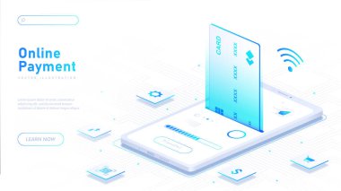 Çevrimiçi ödeme beyaz posteri. Elektronik aktarımlar ve işlemler. Nakitsiz operasyonlar, online alışveriş. İniş sayfası tasarımı. Karikatür izometrik vektör çizimi beyaz arkaplanda izole edildi
